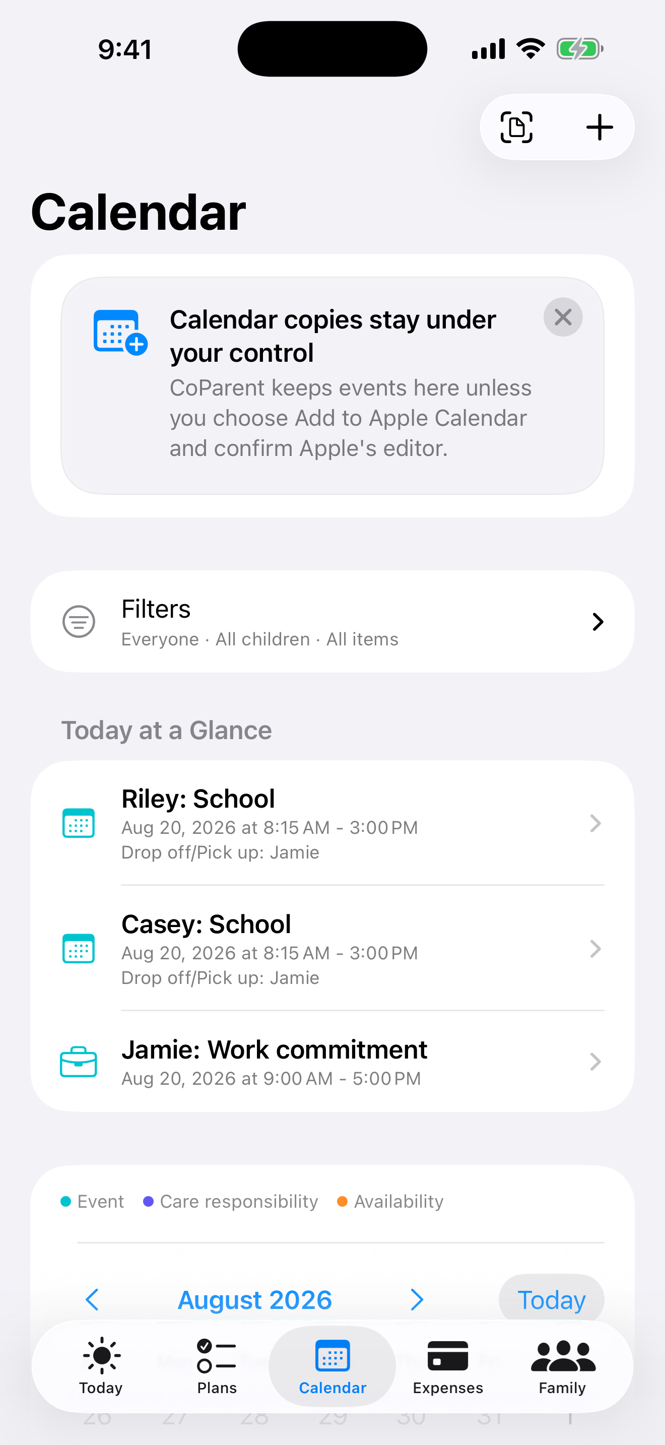 CoParent calendar with school, work, and activity schedules