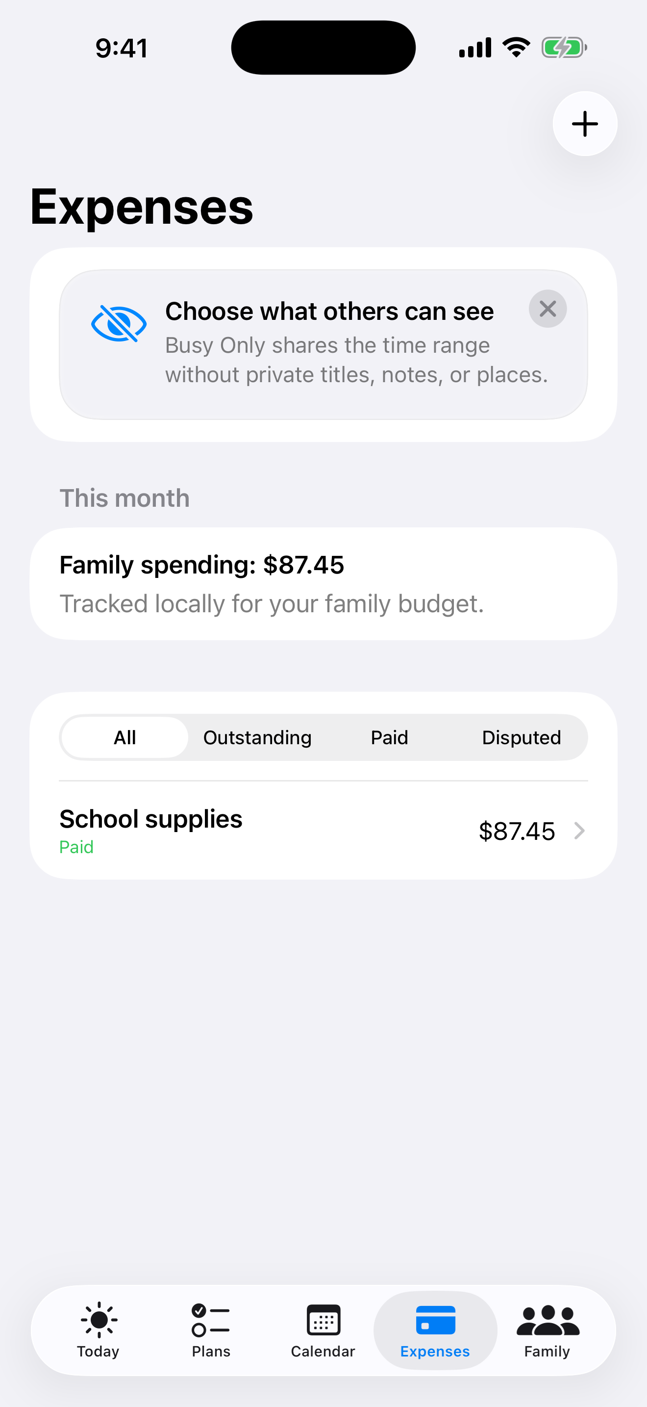 CoParent family expense tracker showing a paid school supplies expense