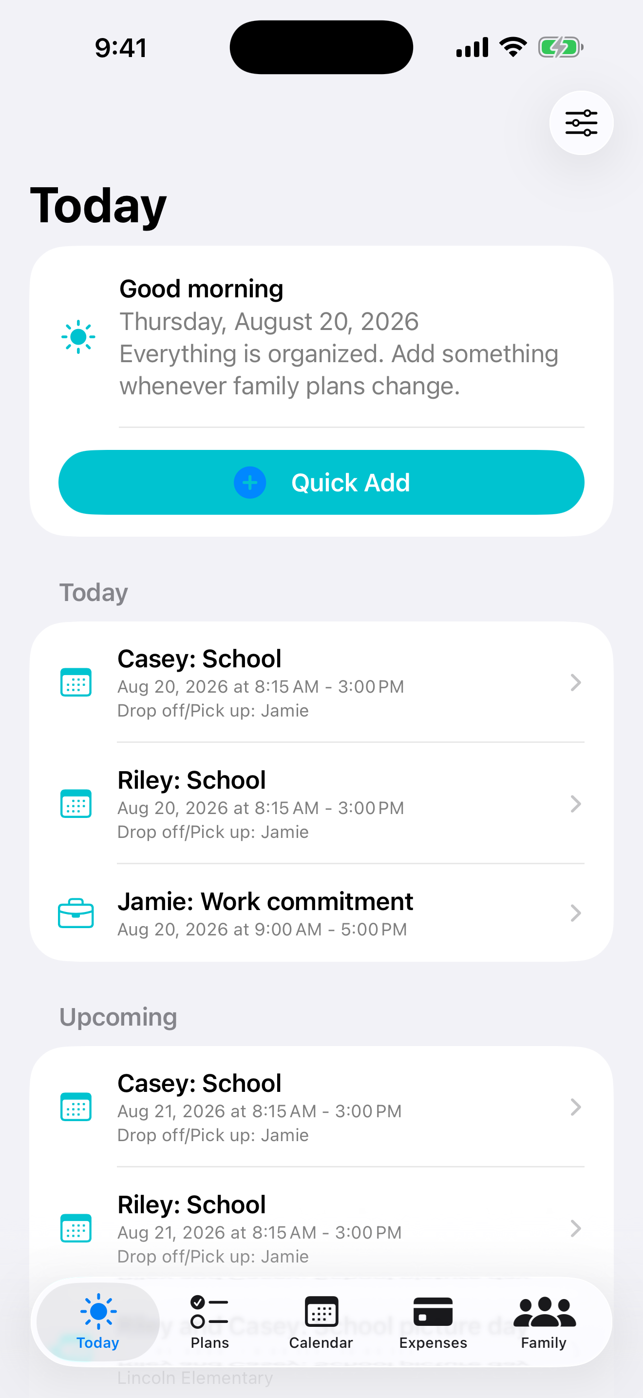 CoParent Today screen showing a solo parent’s schedule and priorities